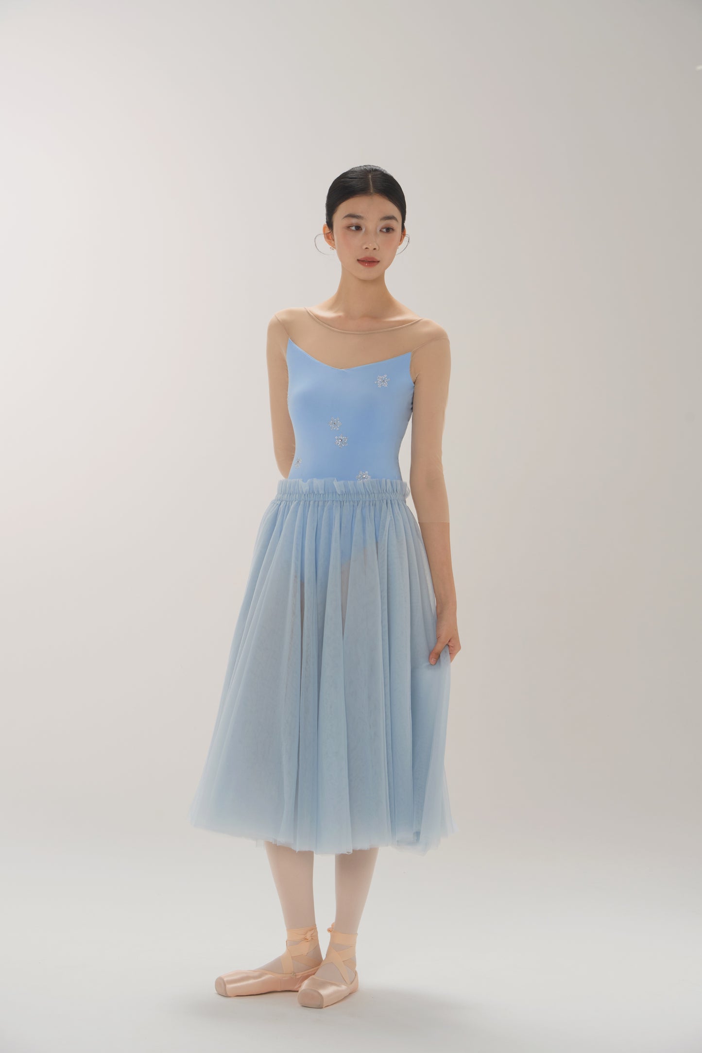 Ballet Leotard | Velvet & Mesh with Snowflake Rhinestones, Three-Quarter Sleeves