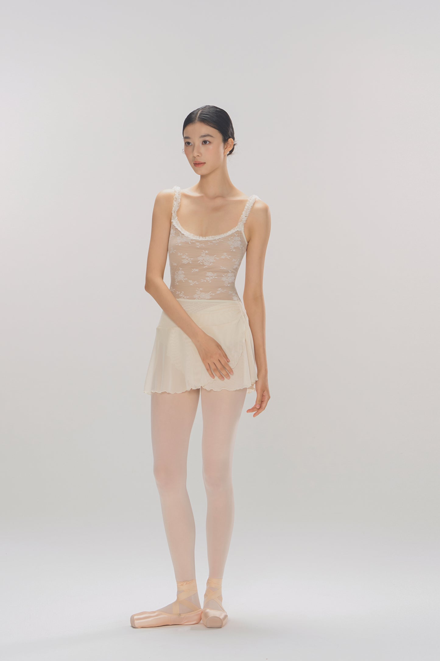Ballet Leotard | V-shaped lace panel with ruffled straps